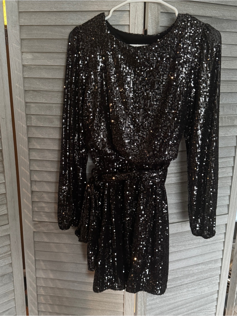 Crystal Sky Black Sequin Long Sleeve Blouson Mini Dress with Belt Medium